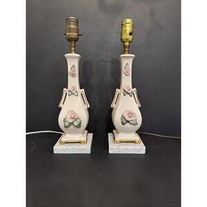 Pair Of Vintage Pink Roses Floral Capodimonte Ceramic Table Lamps 14” W/O Shade